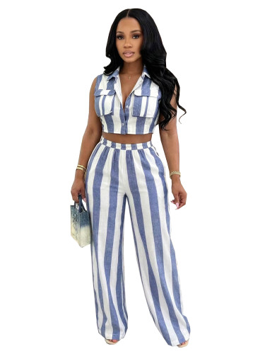 Color blocking striped vest, lapel shirt, high waist wide leg pants set