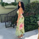 Printed cross hanging neck backless two-piece set