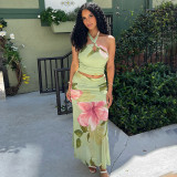 Printed cross hanging neck backless two-piece set