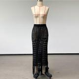 Side slit tassel half skirt with hollowed out knitting drawstring wrapped hip skirt
