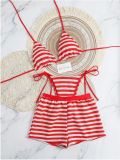 Knitted striped split swimsuit flat angle pants three piece set
