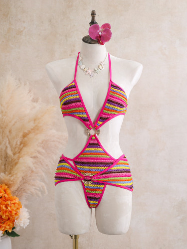 Rainbow striped one-piece swimsuit, neck strap, bikini