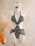 Rainbow striped one-piece swimsuit, neck strap, bikini