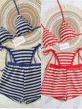 Knitted striped split swimsuit flat angle pants three piece set
