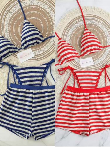 Knitted striped split swimsuit flat angle pants three piece set