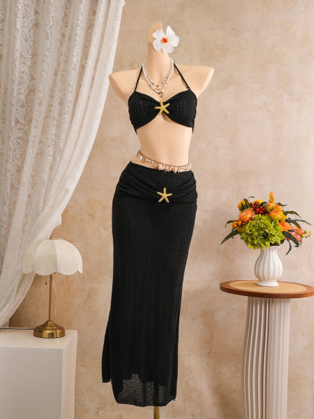 Strapless, neck tied, fish tail long skirt bikini three piece swimsuit set