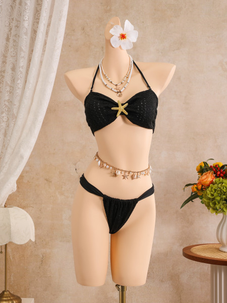 Strapless, neck tied, fish tail long skirt bikini three piece swimsuit set