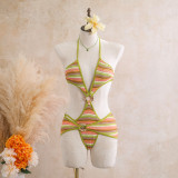 Rainbow striped one-piece swimsuit, neck strap, bikini