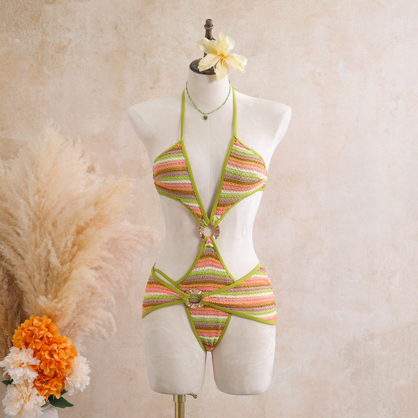 Rainbow striped one-piece swimsuit, neck strap, bikini