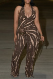 Backless fringe print neck strap jumpsuit