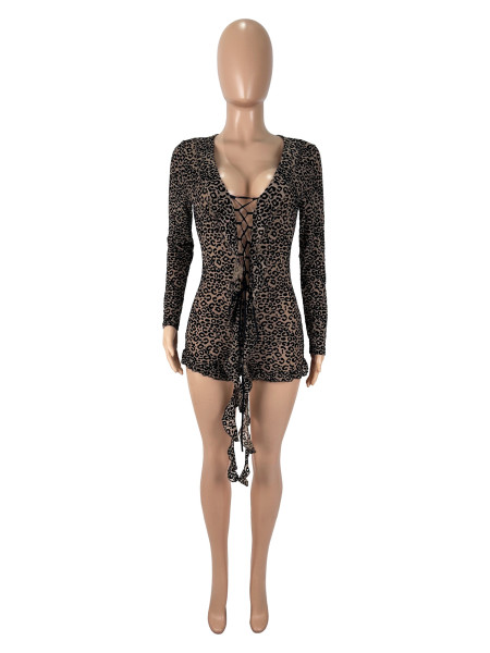 Leopard print mesh lace up long sleeved tight jumpsuit