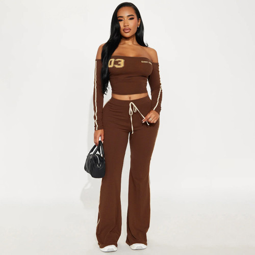 Off shoulder letter long sleeved shirt, wide leg pants, sports suit