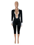 Spliced shirt lapel hollowed out seven part jumpsuit set