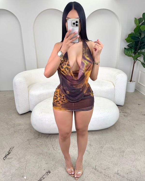 Leopard print backless mesh hanging neck short skirt set (lining)