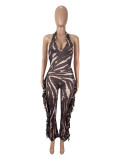 Backless fringe print neck strap jumpsuit