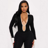 Spliced shirt lapel hollowed out seven part jumpsuit set