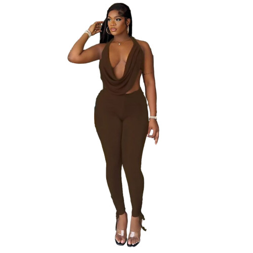 Hanging neck, swinging collar, big backless strap, pants leg drawstring two-piece set
