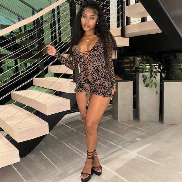 Leopard print mesh lace up long sleeved tight jumpsuit