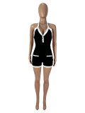 Color blocking neck tie, backless button decoration jumpsuit