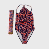 Printed bikini one-piece swimsuit with headscarf H2556-2