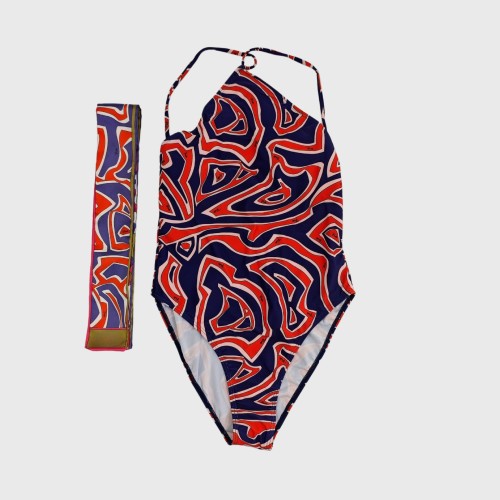 Printed bikini one-piece swimsuit with headscarf H2556-2