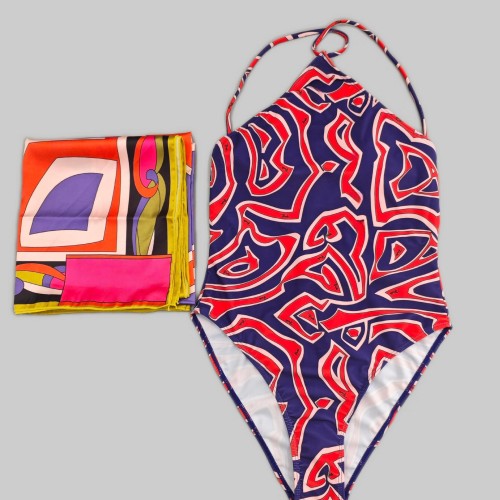 Printed bikini one-piece swimsuit+square scarf H2556-3