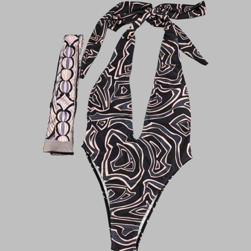 Printed bikini one-piece swimsuit with headscarf PH2554-1