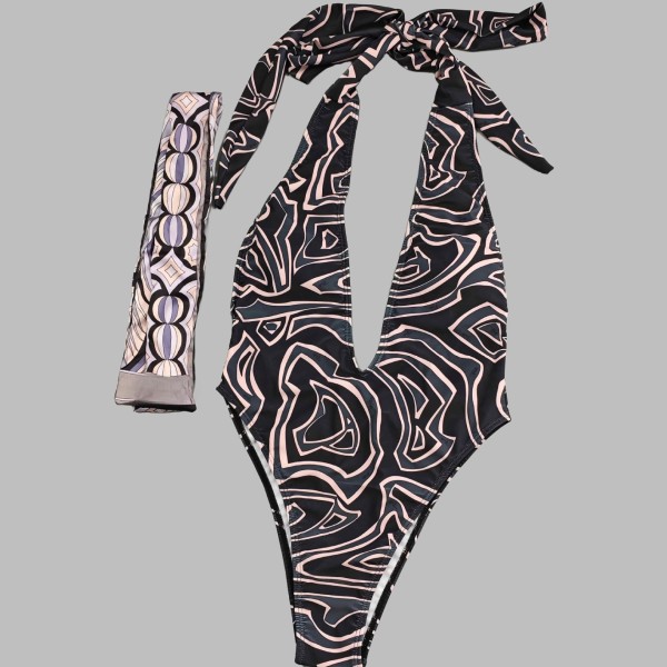 Printed bikini one-piece swimsuit with headscarf PH2554-1