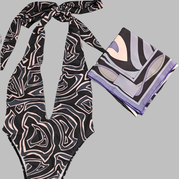 Printed bikini one-piece swimsuit+square scarf PH2554-2