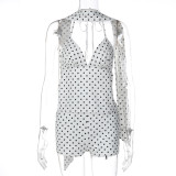 Two piece set of polka dot backless lace up vest shorts