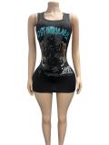 Portrait printed sleeveless vest dress