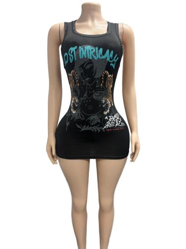 Portrait printed sleeveless vest dress