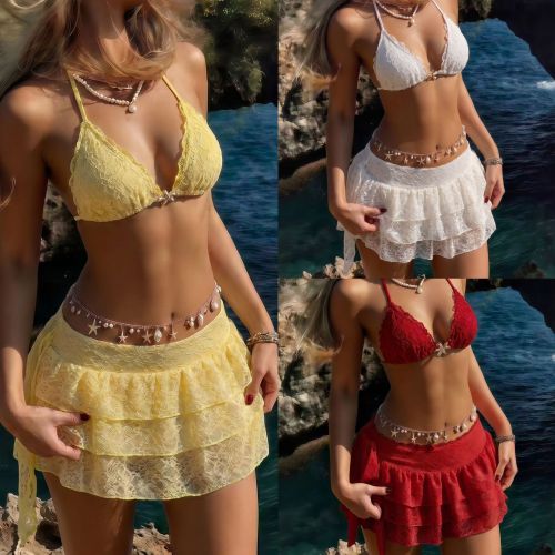 Hanging neck lace lace split three piece bikini set