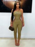 Backless zipper strap hollow jumpsuit