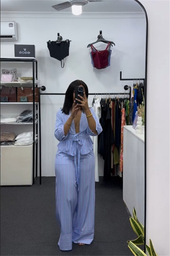 V-neck striped lace up shirt wide leg pants set