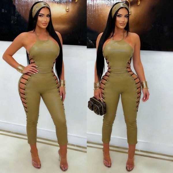 Backless zipper strap hollow jumpsuit