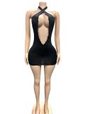 Lace hollow hanging neck, hip hugging short sleeved dress