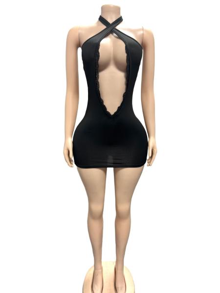 Lace hollow hanging neck, hip hugging short sleeved dress