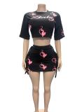 Printed round neck T-shirt with strap short skirt two-piece set