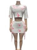 Printed round neck T-shirt with strap short skirt two-piece set