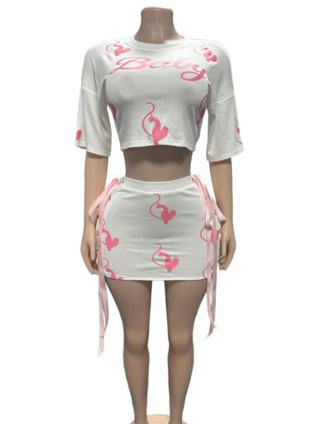 Printed round neck T-shirt with strap short skirt two-piece set