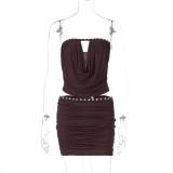 Sleeveless strapless button pleated short skirt two-piece set