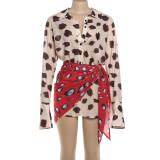 Polka print lapel horn long sleeved patchwork hip hugging skirt