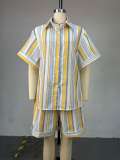 Striped collar short sleeved shirt, high waisted straight shorts two-piece set