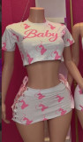 Printed round neck T-shirt with strap short skirt two-piece set