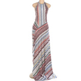 Hanging neck, exposed back, slit, floor length skirt, dress