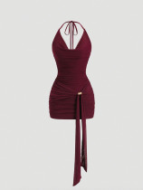 Hanging neck, swinging collar, mesh bag, hip skirt, pleated strap, short style