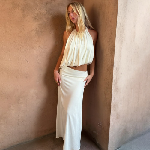 Hanging neck backless solid color vest split long skirt set