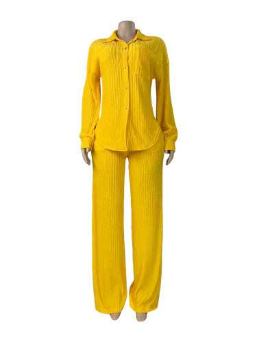 Hot stamping pleated long sleeved lapel shirt wide leg long pants two-piece set