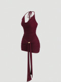 Hanging neck, swinging collar, mesh bag, hip skirt, pleated strap, short style